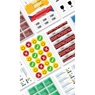 Self-adhesive labels on A4 sheet with colour printing, label size on request, material of your choice, pack of 100 sheets